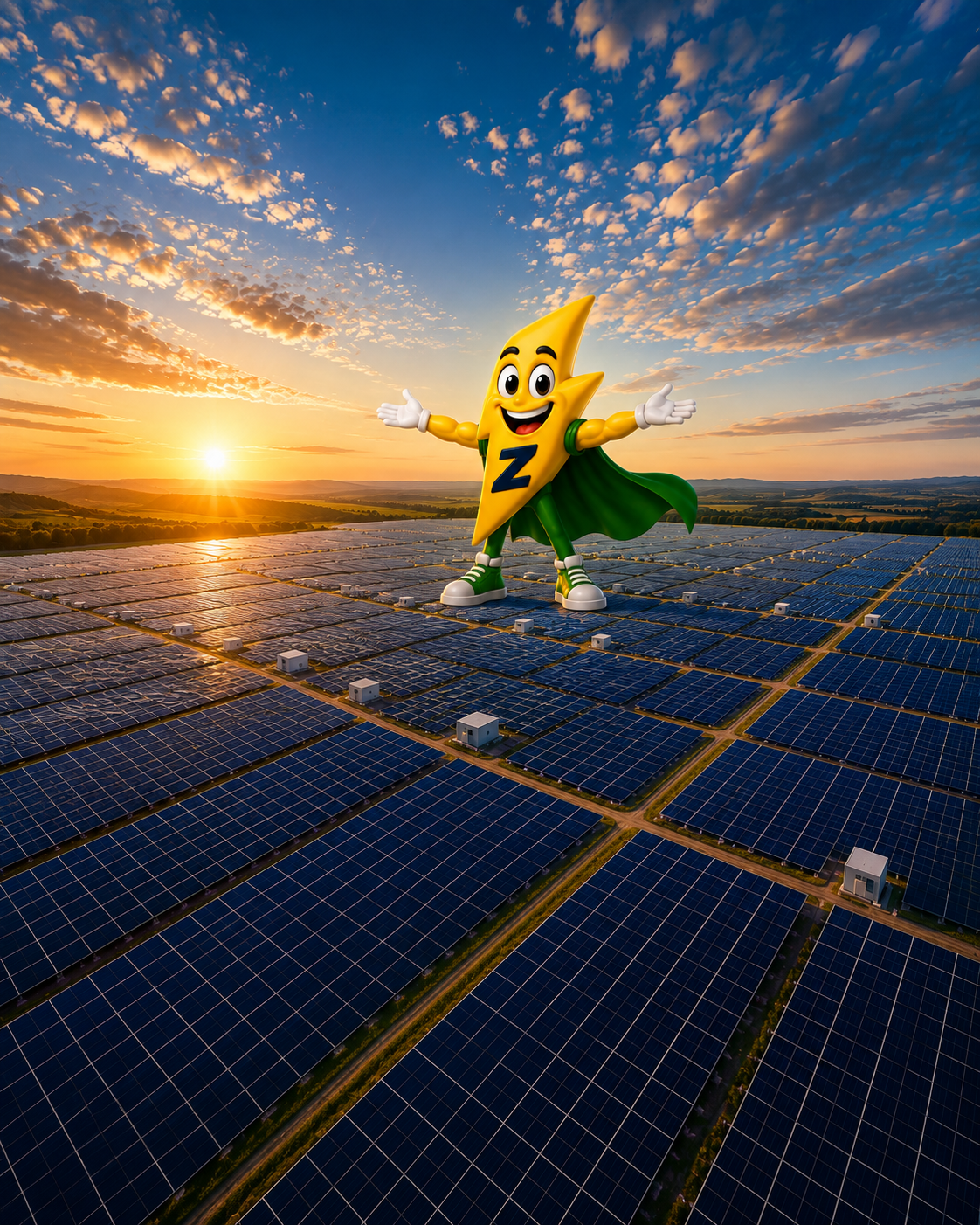 Mascote Z em uma ampla fazenda de painéis solares